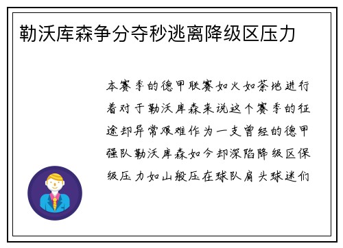 勒沃库森争分夺秒逃离降级区压力