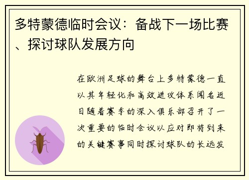 多特蒙德临时会议：备战下一场比赛、探讨球队发展方向