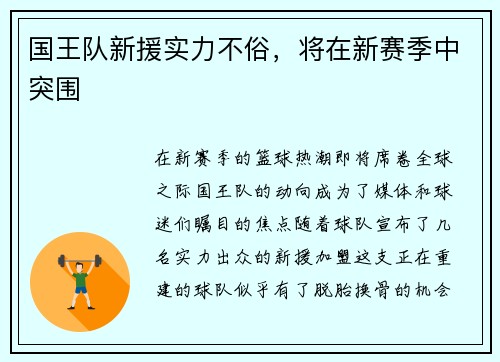 国王队新援实力不俗，将在新赛季中突围