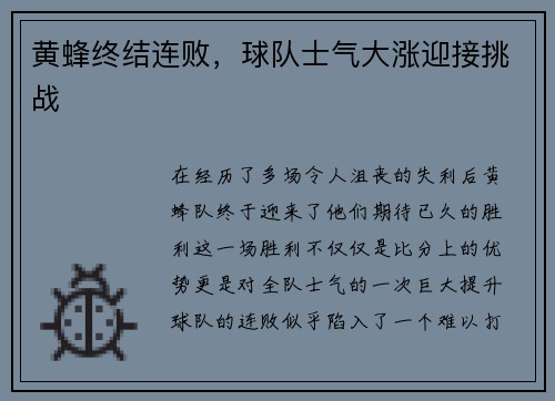 黄蜂终结连败，球队士气大涨迎接挑战